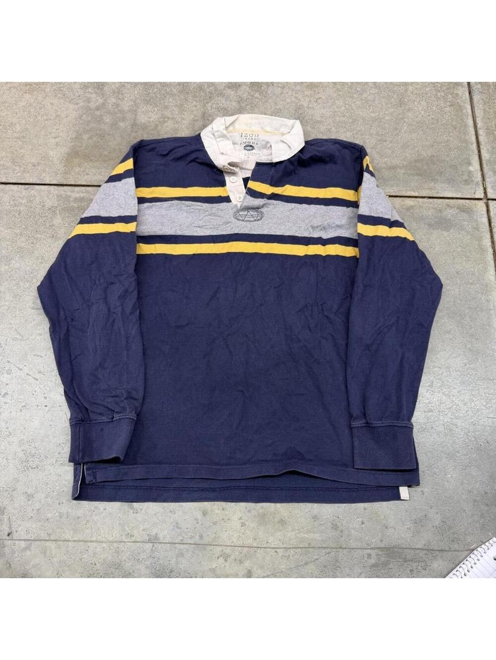 vintage izod rugby polo navy and grey striped shirt size large
